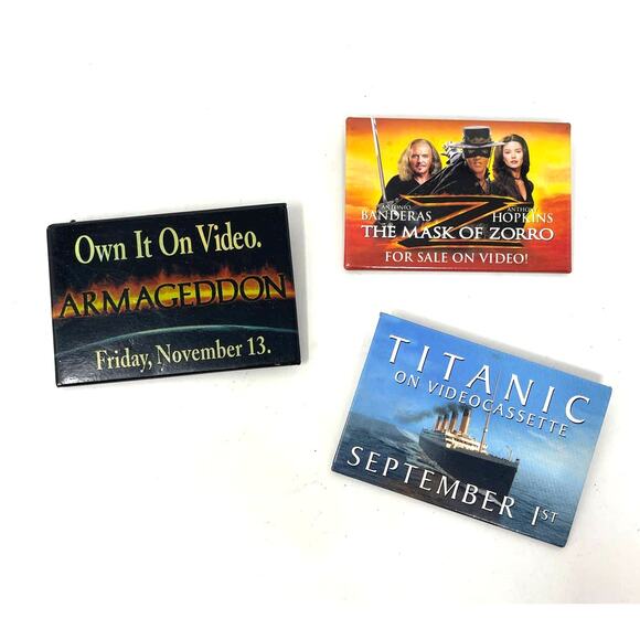 LOT 3 Vintage MOVIE Theatre PINS Button Badge Armageddon~TITANIC~The Mask Zorro - Picture 1 of 3